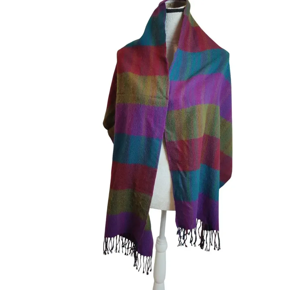 Vintage Oscar de la Renta Studio Multicolor Thick Scarf Shawl Fringe Colorblock